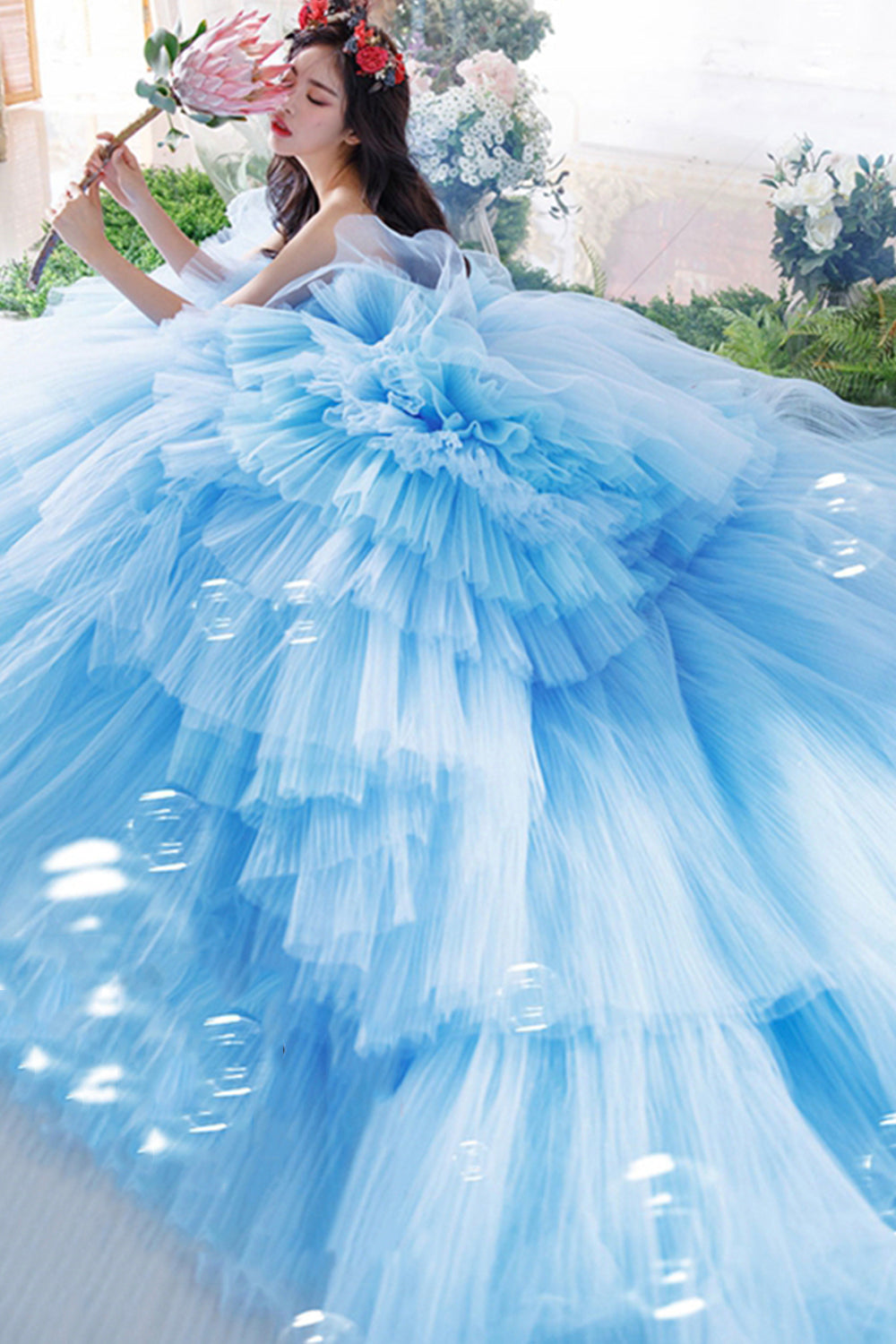 Amazing tulle long prom dress blue evening dress  8516