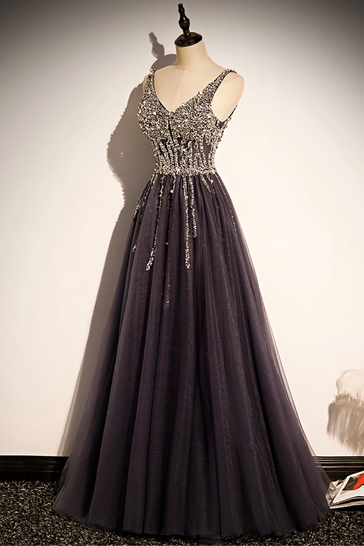 Stylish v neck tulle long prom dress A line evening dress  8640