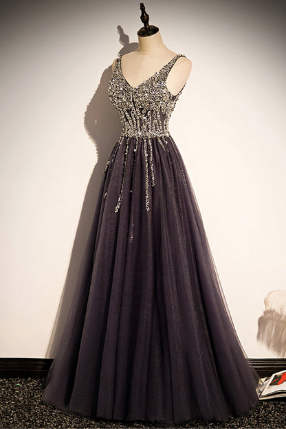 Stylish v neck tulle long prom dress A line evening dress  8640