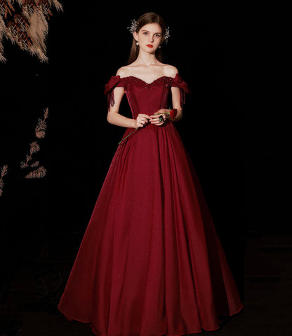 Burgundy satin long prom dress A line evening dress  10316