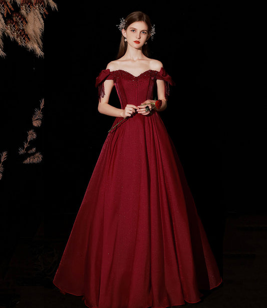 Burgundy satin long prom dress A line evening dress  10316