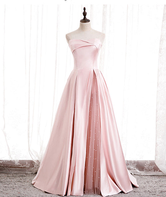 Pink satin long prom dress pink evening dress  8550