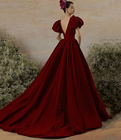 Burgundy velvet long prom dress evening gown  10239