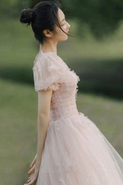 Pink tulle long A line prom dress evening dress  8735