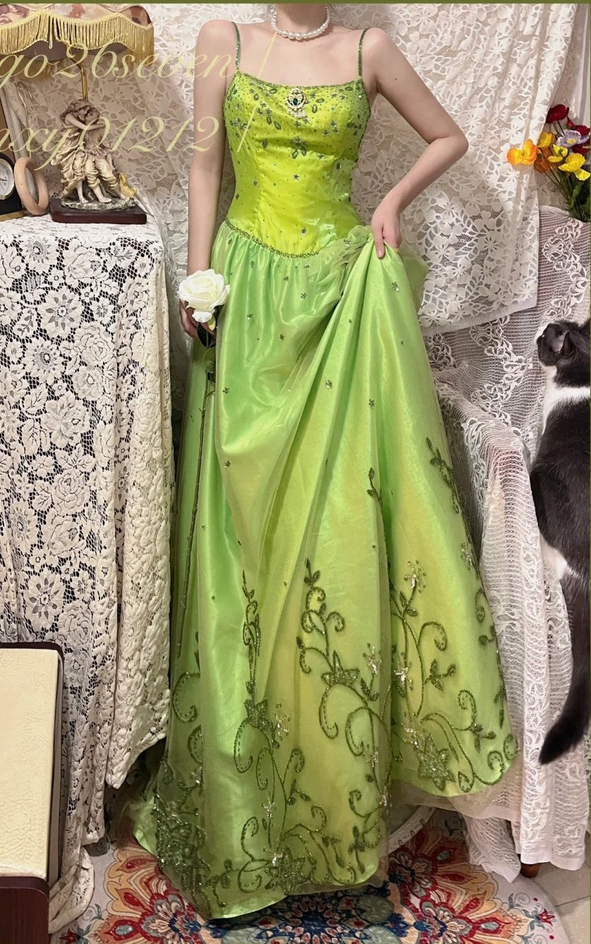 Green exquisite beaded vintage fashion floral long satin tulle ball gown evening dress gh4433