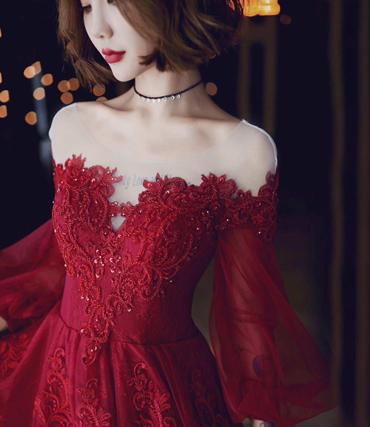 Burgundy lace long prom dress A line evening dress  10213