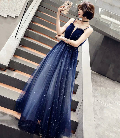 Blue tulle long A line prom dress blue evening dress  10068