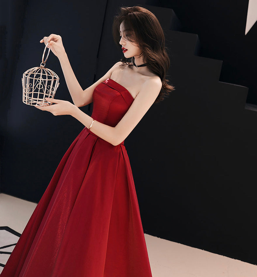 Simple satin long prom dress burgundy evening dress  8523