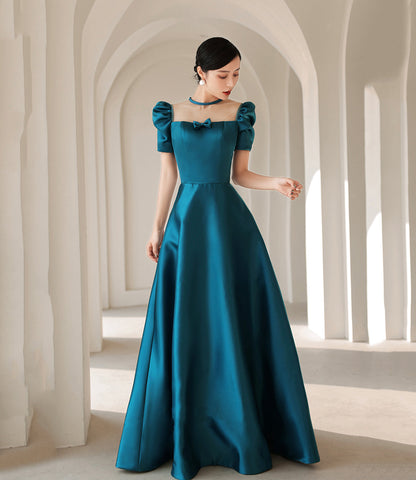 Blue satin long A line prom dress blue evening dress  8784