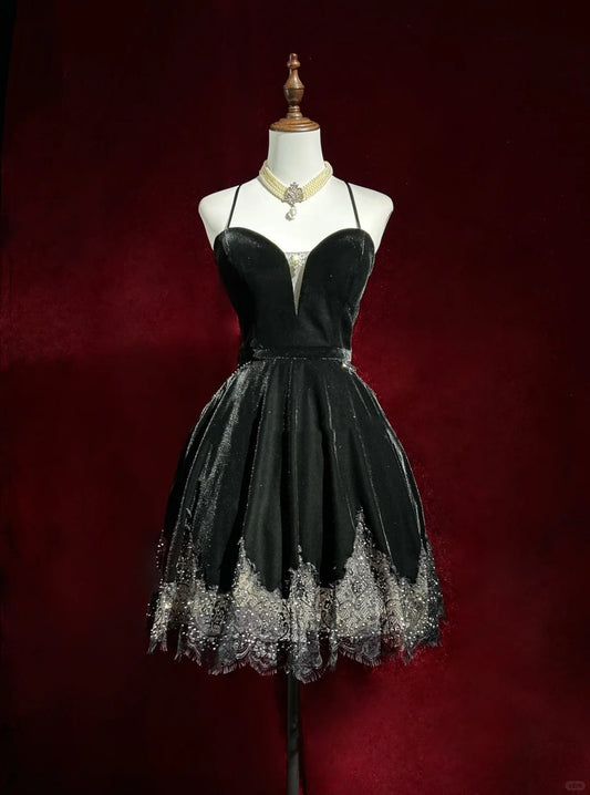 Black Shiny Vintage Elegant Delicate Rhinestone Lace Short Homecoming Dress Velvet Ball Gown Evening Gown Prom Dress Birthday Party Dress gh3860