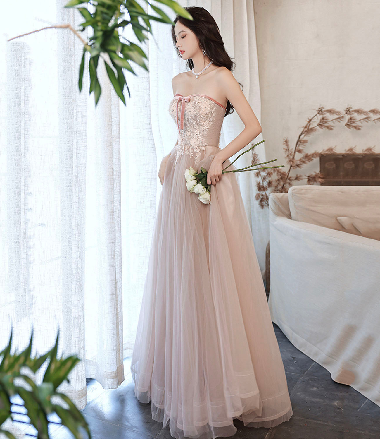 Pink tulle lace long prom dress pink evening dress  10628