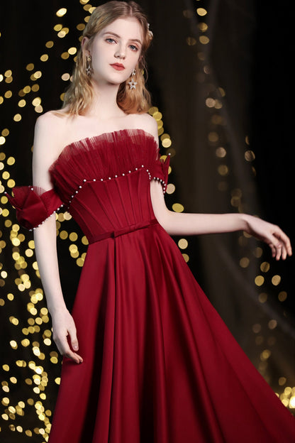 Burgundy satin long A line prom dress evening dress  8774