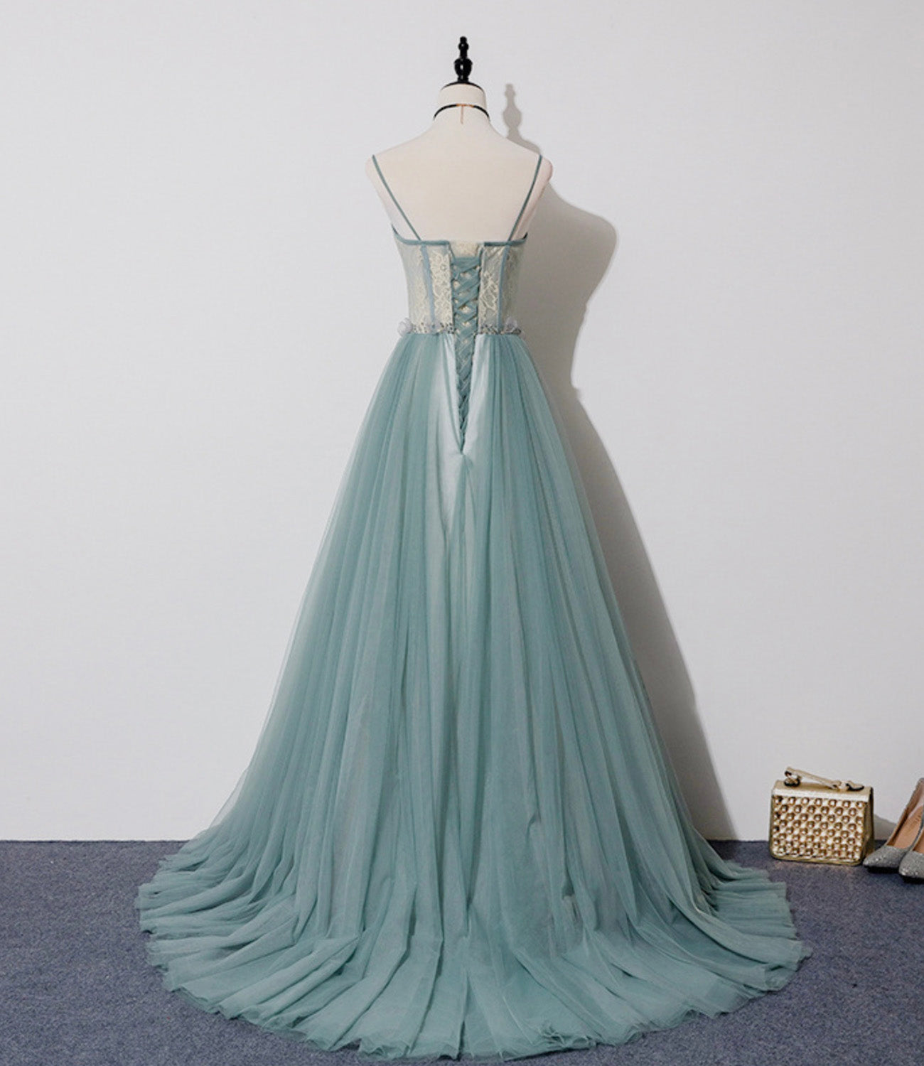 Green tulle lace long prom dress A line evening dress  10557