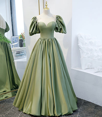 Green satin long A line prom dress evening dress  8745