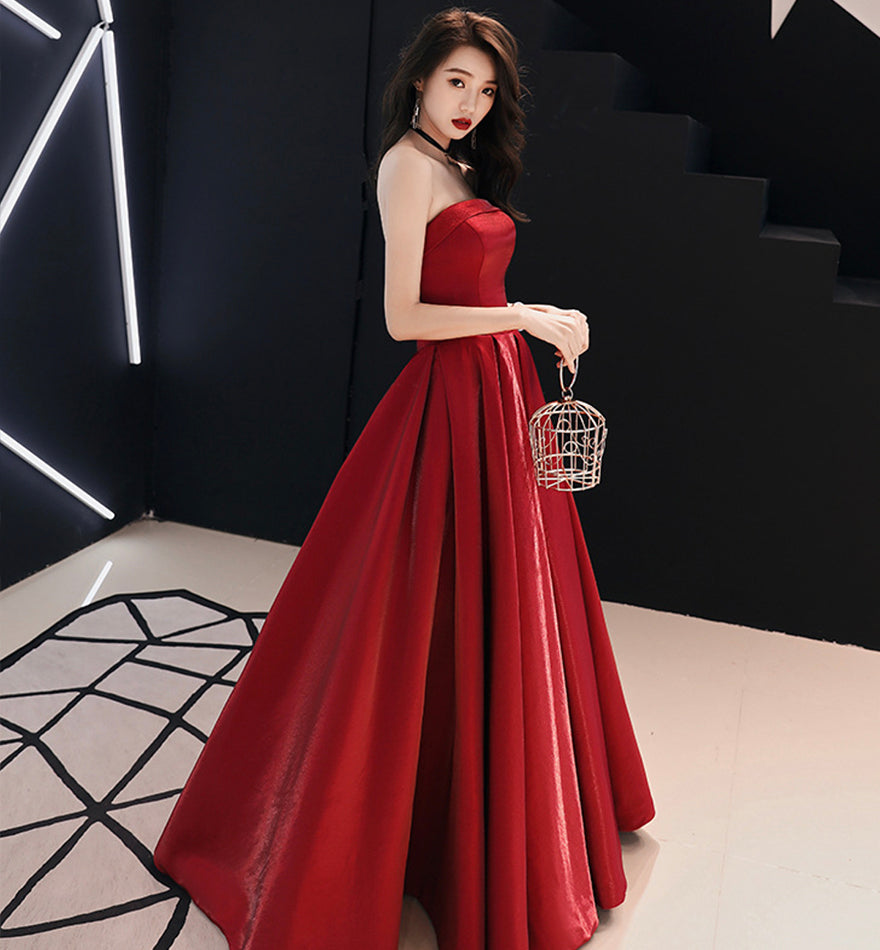 Simple satin long prom dress burgundy evening dress  8523