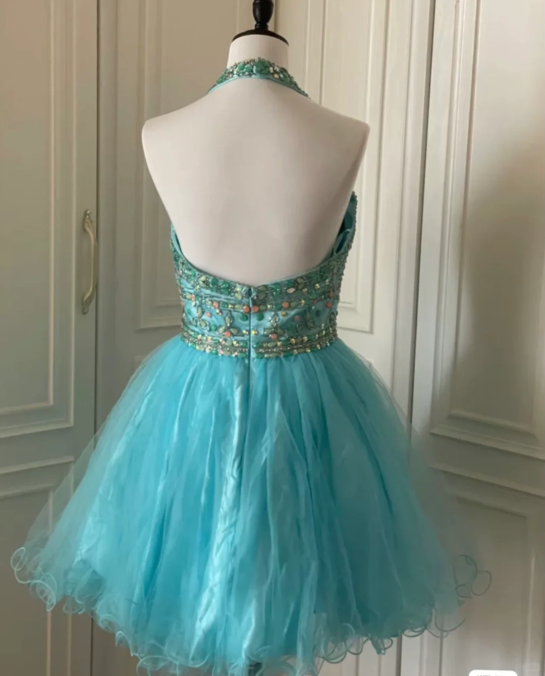 Vintage Blue Tulle Beaded Sleeveless A Line Birthday Dress Homecoming Dress S541