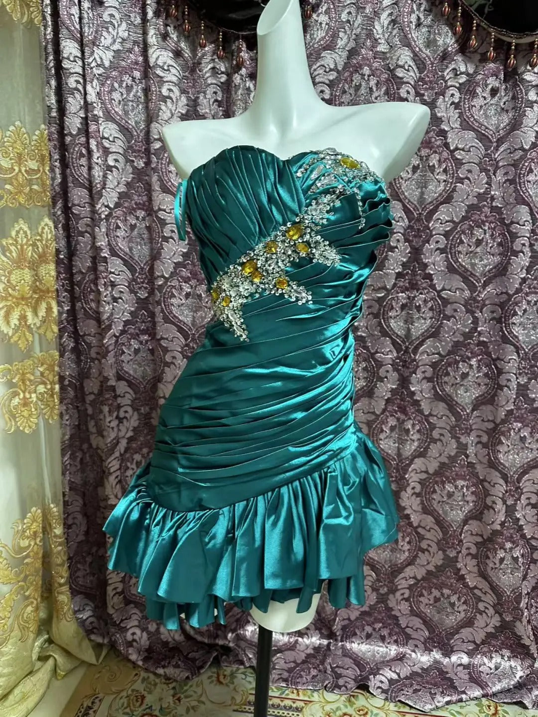 Champagne Beaded Short Ruffle Satin Homecoming Dress Prom Dress Birthday Dress gh4633