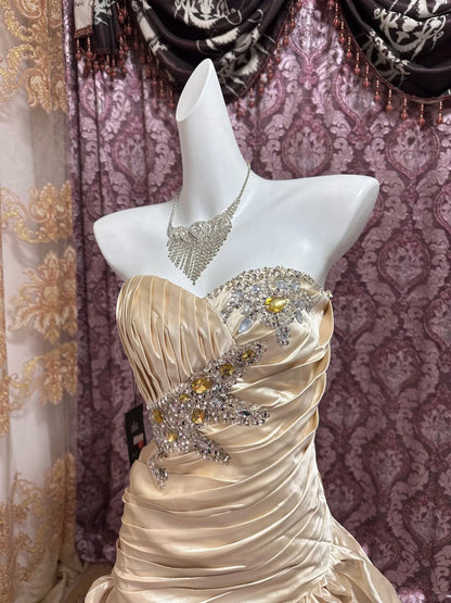 Champagne Beaded Short Ruffle Satin Homecoming Dress Prom Dress Birthday Dress gh4633