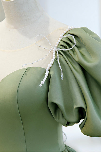 Green satin long A line prom dress evening dress  8745