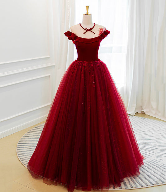 Burgundy velvet tulle long prom dress A line evening gown  10580