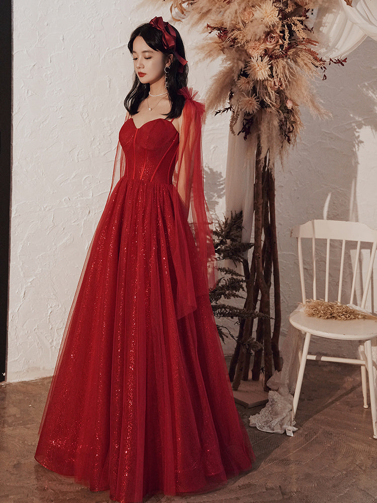 Burgundy Color Shiny Elegant Spaghetti Strap Long Tulle Sequin Ball Gown Evening Dress 8263