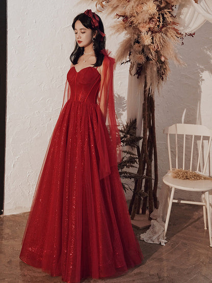 Burgundy Color Shiny Elegant Spaghetti Strap Long Tulle Sequin Ball Gown Evening Dress 8263