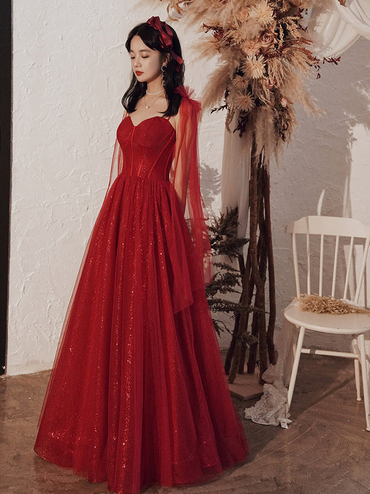 Burgundy Color Shiny Elegant Spaghetti Strap Long Tulle Sequin Ball Gown Evening Dress 8263