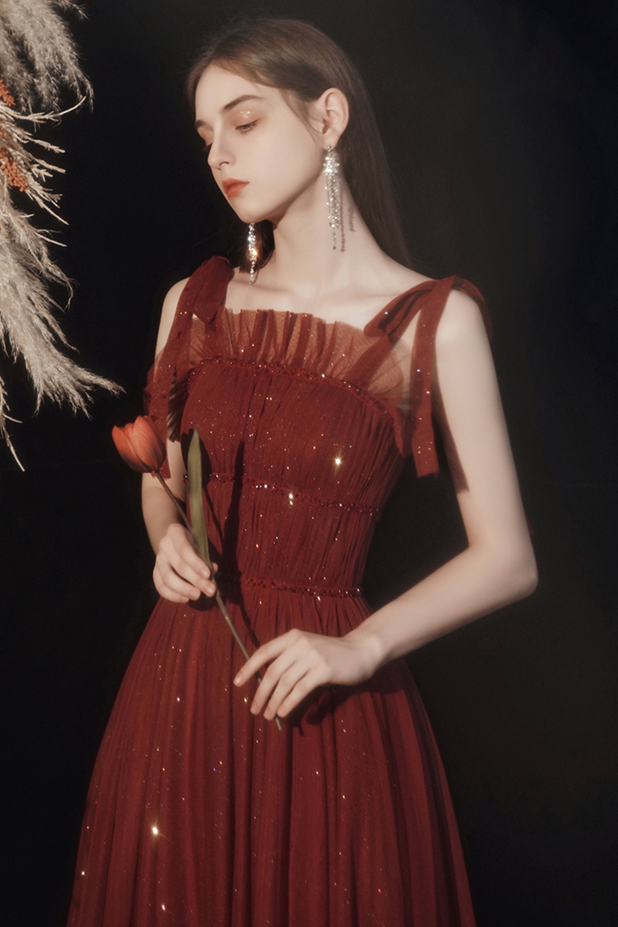 Burgundy tulle long A line prom dress evening dress  8571