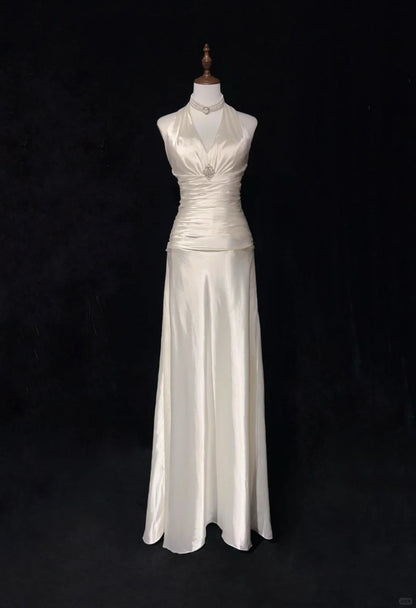 Ivory White Vintage Long Satin Elegant Ball Gown Evening Dress Graduation Dress Wedding Dress gh4490