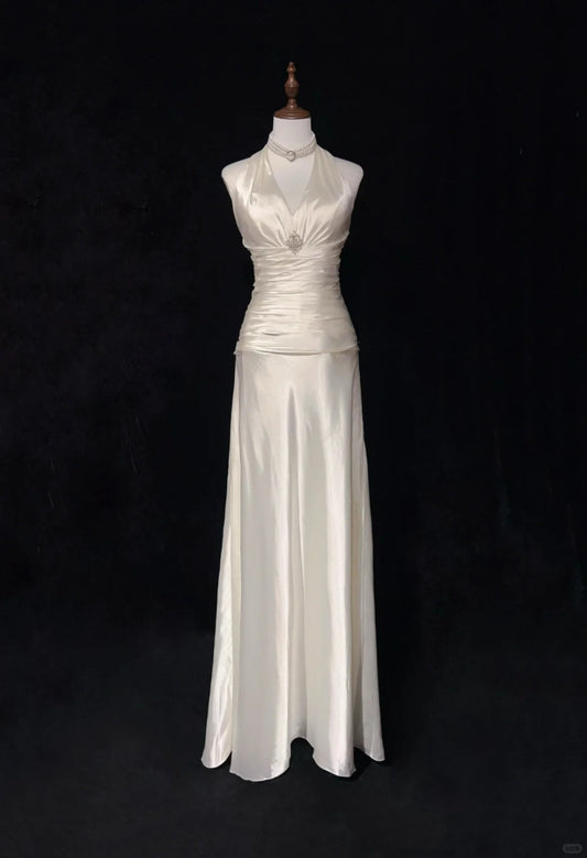 Ivory White Vintage Long Satin Elegant Ball Gown Evening Dress Graduation Dress Wedding Dress gh4490