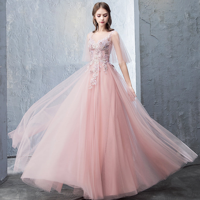 Pink tulle lace long prom dress evening dress  8255