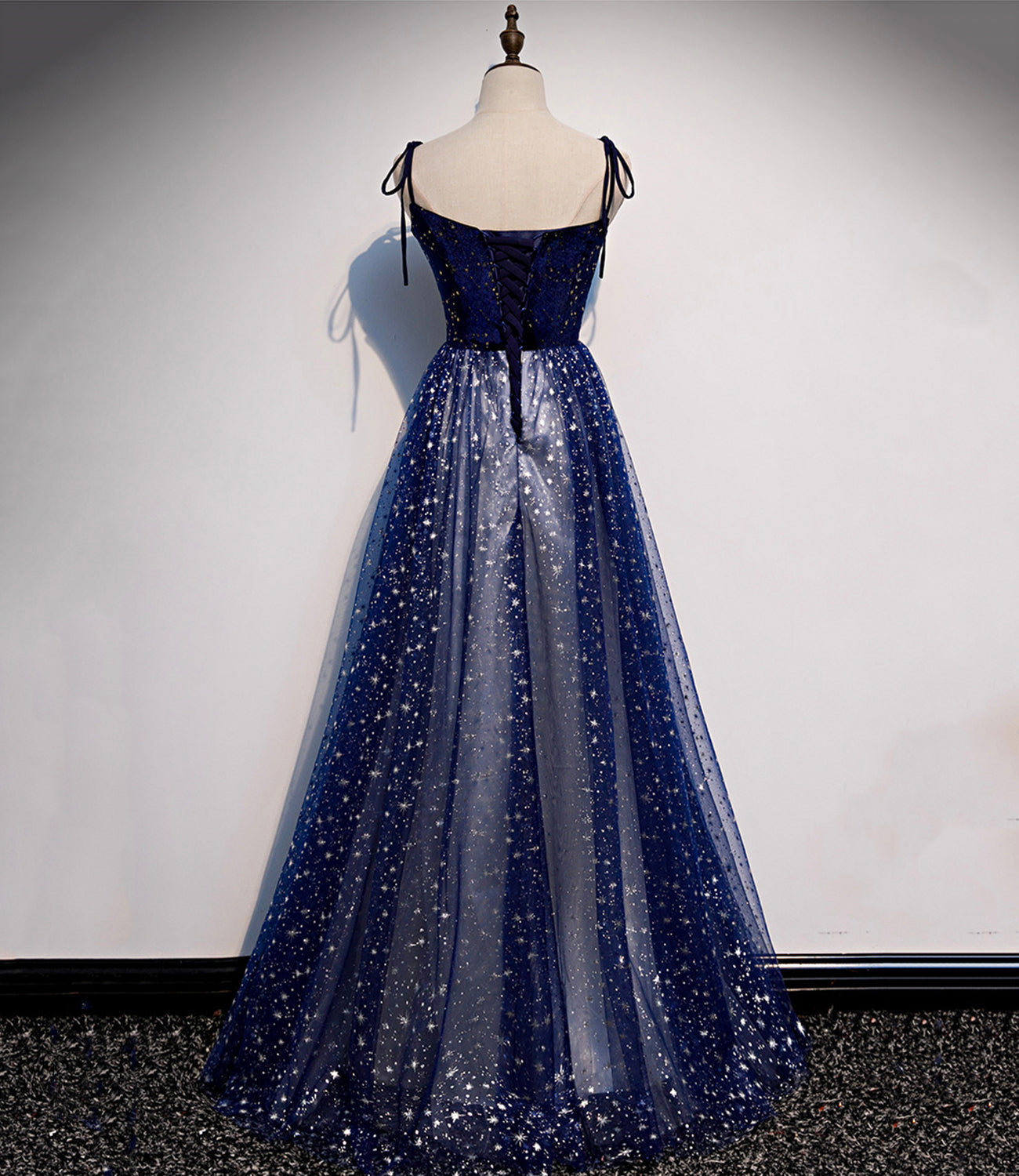 Blue velvet tulle long prom dress A line evening dress  10515