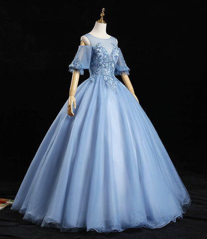 Blue tulle lace long prom dress A line evening dress  10457