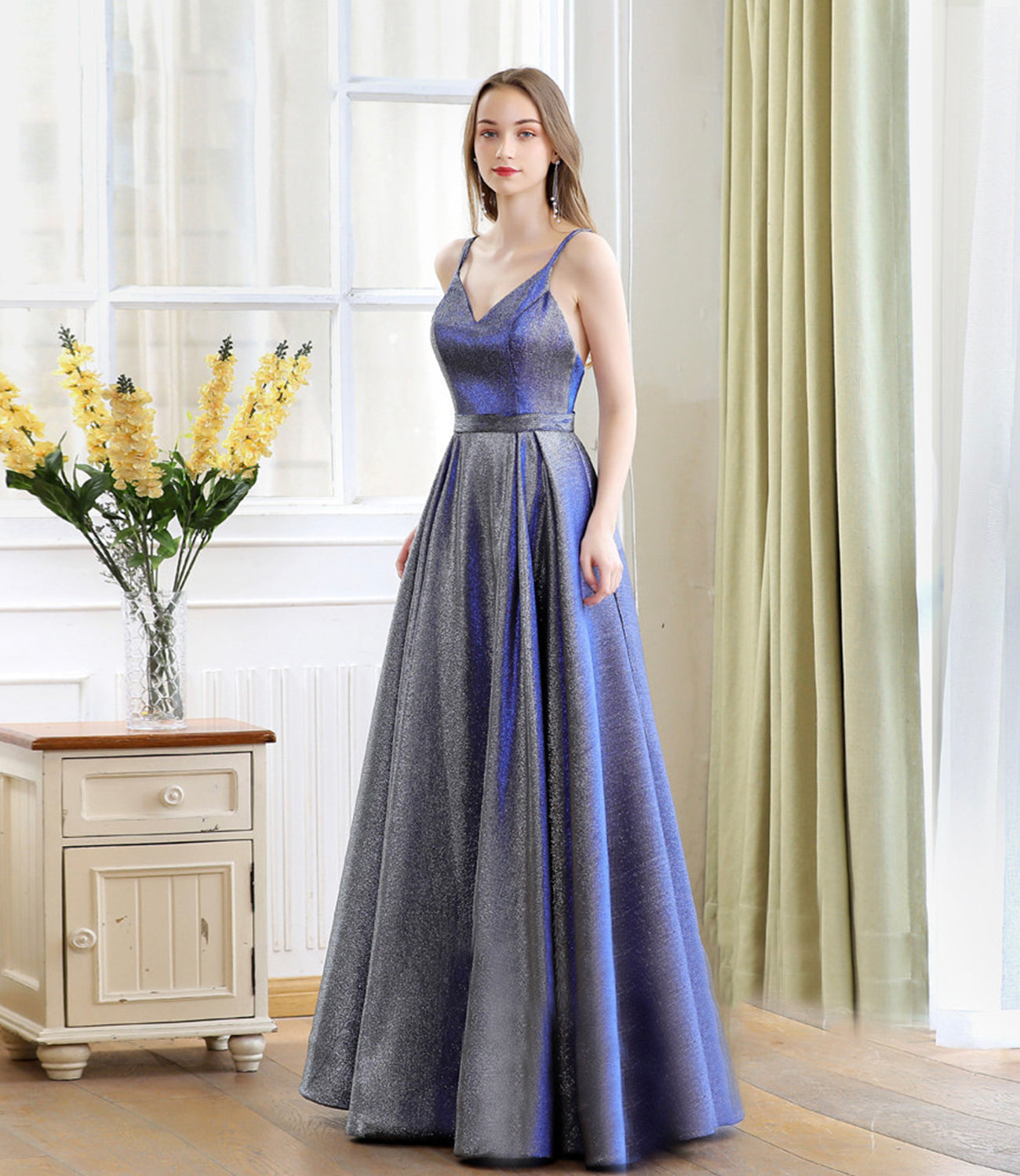 Blue satin long A line prom dress blue evening dress  10235