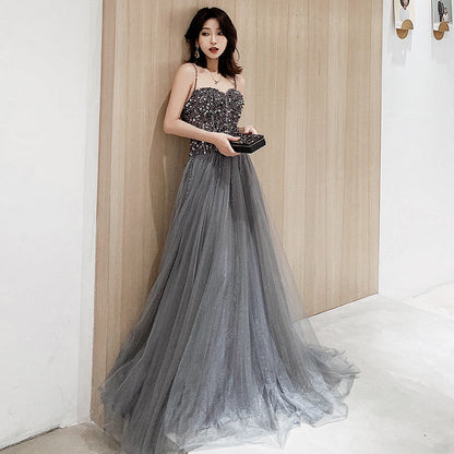 Gray sweetheart neck tulle beads long prom dress, evening dress  8064