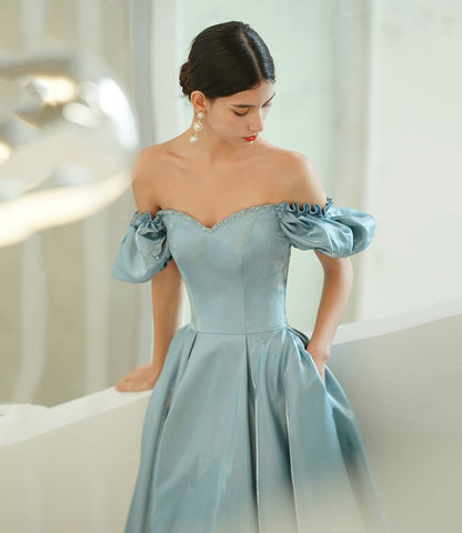 Blue satin long A line prom dress blue evening dress  10215