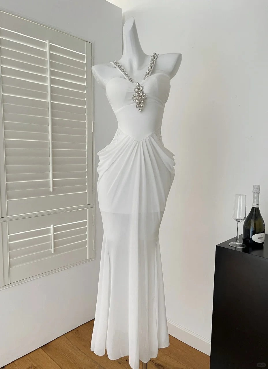 White heavy diamond halter dress long chiffon ball gown evening dress prom dress gh4333