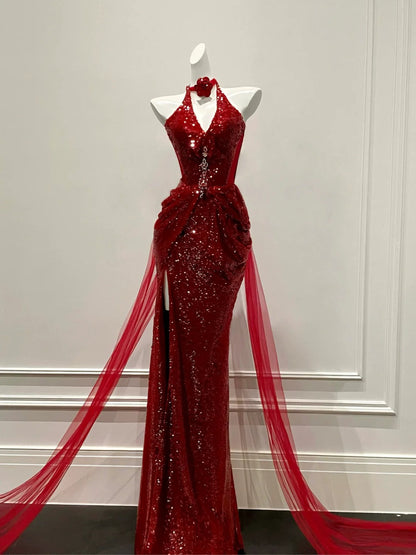 Oil painting retro red fishtail fine glitter tulle galaxy flowing ball gown evening dress gh4327