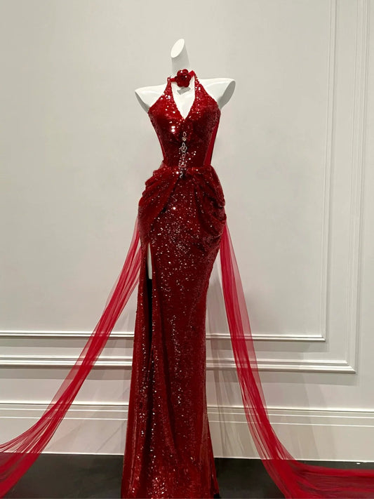 Oil painting retro red fishtail fine glitter tulle galaxy flowing ball gown evening dress gh4327