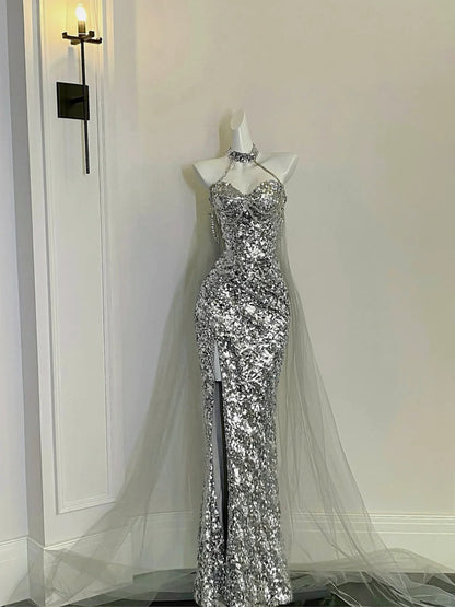 Silver halter neck dress high-end niche silver dress shoulder chain ball dress evening dress gh4330