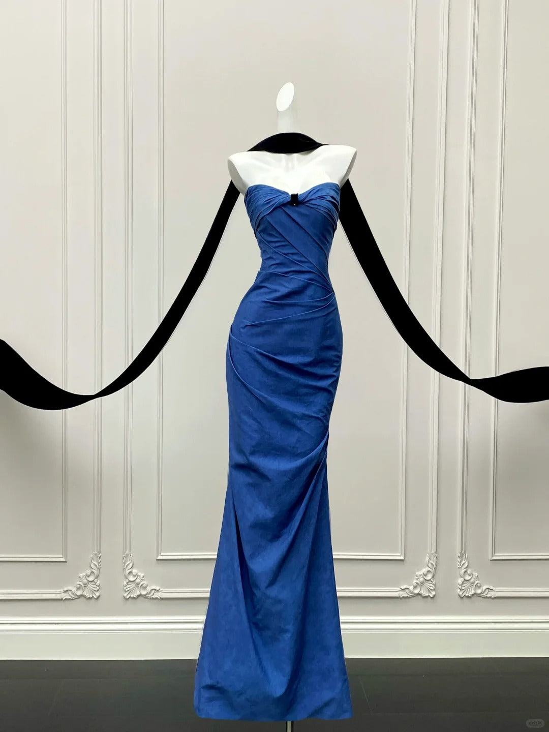 __Blue tube top dress retro high-end black ribbon ball gown evening dress gh4328