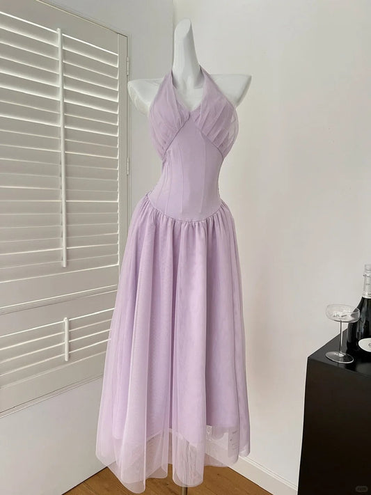 Taro Purple Halter V-Neck Temperament Waist Dress gh4564