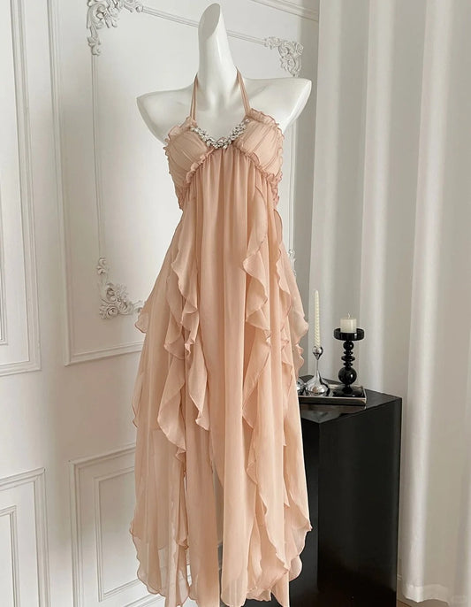 Light pink beautiful holiday dress French atmosphere high-end halter neck deep V backless dress gh4563