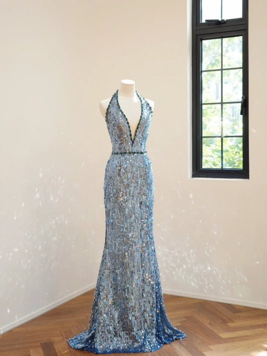 Blue fashion V-neck long sequined Prom dress evening dress gh5069