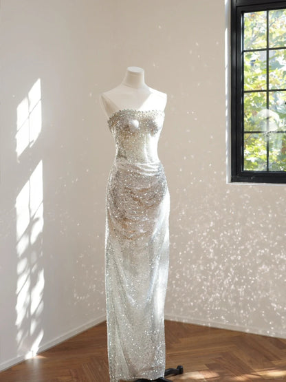 Silver luxury gorgeous crystal sequins shiny long Prom dress evening dress gh5066
