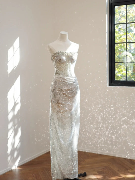Silver luxury gorgeous crystal sequins shiny long Prom dress evening dress gh5066