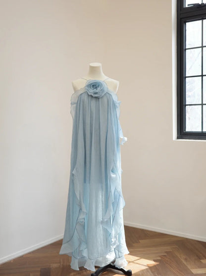 Blue floral halter long backless chiffon party dress wedding guest dress gh5063