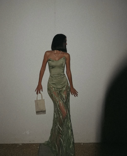 Charming A Line Strapless Green Satin Tulle Prom Dress Evening Dress SH2134