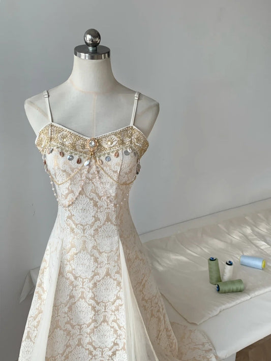 Streamer champagne retro elegant spaghetti straps Long chiffon stunning palace style birthday dress prom dress party dress gh4186