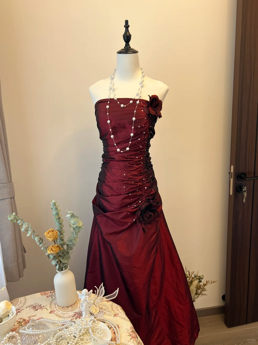 Vintage A Line Strapless Flower Pleated Burgundy Satin Long Prom Dress Party Dress SH3033